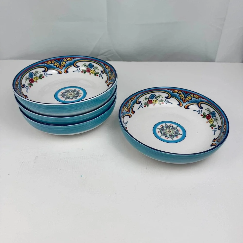 Euro Ceramica Zanzibar 5 Piece Pasta Bowl Set Blue Floral Spanish Design Ceramic